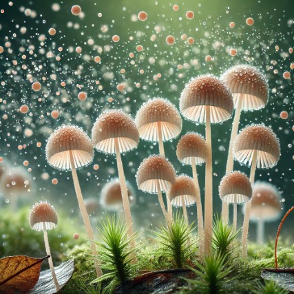 Photograph-style image of the Marasmius rotula mushroom in a forest setting, with delicate, umbrella-shaped caps releasing a fine mist of spores. The caps are covered in moisture droplets, highlighting recent rainfall. The background features soft, blurred greenery, scattered fallen leaves, and moss, emphasizing the damp environment. The focus is on the mushrooms and their spore dispersal process.